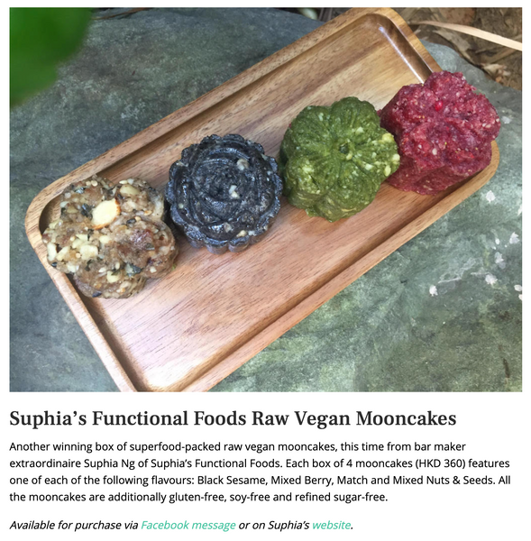 Suphia's Raw Vegan Mooncakes featured in Green Queen's "Where To Find The Best Vegan Mooncakes In Hong Kong"